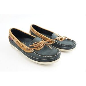 Sebago Docksides Boat Shoes Womens 7M Navy Blue Tan Leather Made in USA EUC